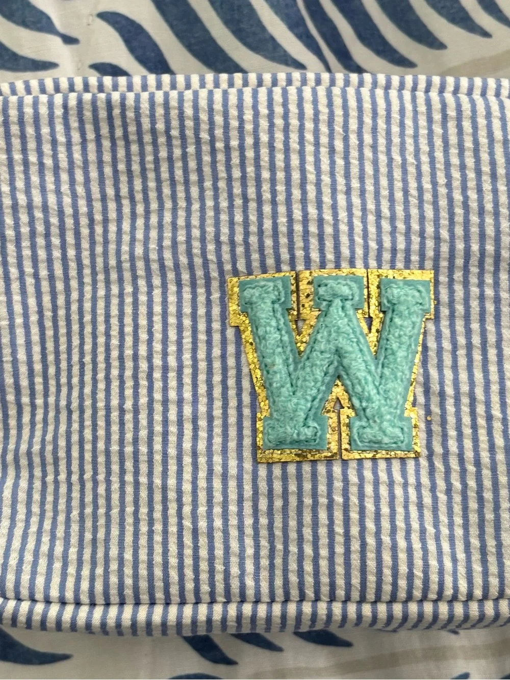 Searsucker/ Striped Blue Cosmetic Case with Aqua 'W' initial